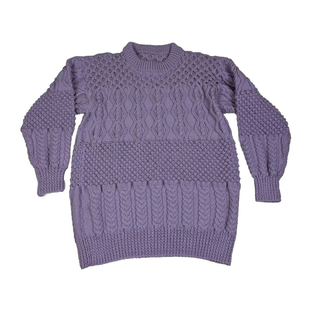 Hand Knit Pullover Sweater Women Medium Purple Cable Knit Long Sleeve